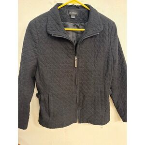 Liz Jordan Black Quilted Zip Up Jacket Women Large Diamond Texture Cinch Waist
